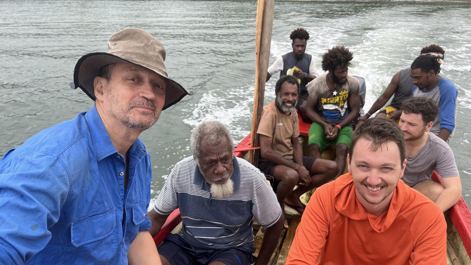 Happy to secure some transport from central to southern Epi. L to R. Stuart Bedford, Salkon Yona, Siri Seoule with smile, Sonke Stern and Robert Henderson along with a crew of four at the rear
