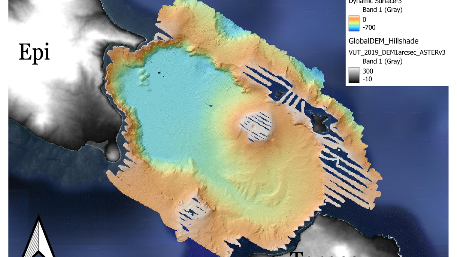 Preliminary map of the Kuwae caldera, some 500m deep. (Sönke Stern)