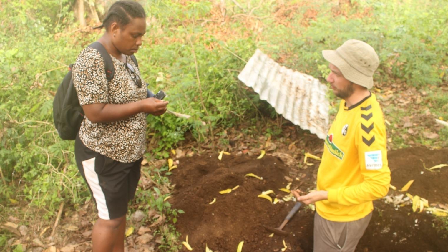 Estonia Meltetake from Vanuatu Geohazards and Sönke Stern examining tephra deposits on Emae Island